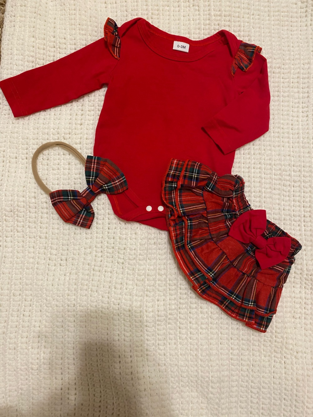 Baby Red Plaid Skirt and Bodysuit Set with Headband